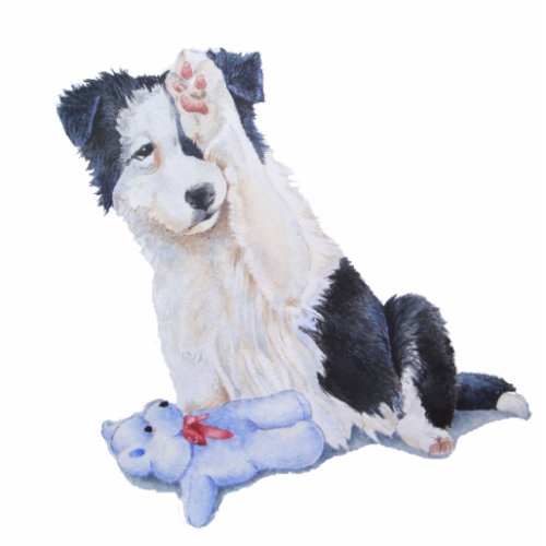 dog portrait painting of cute border collie puppy statuette