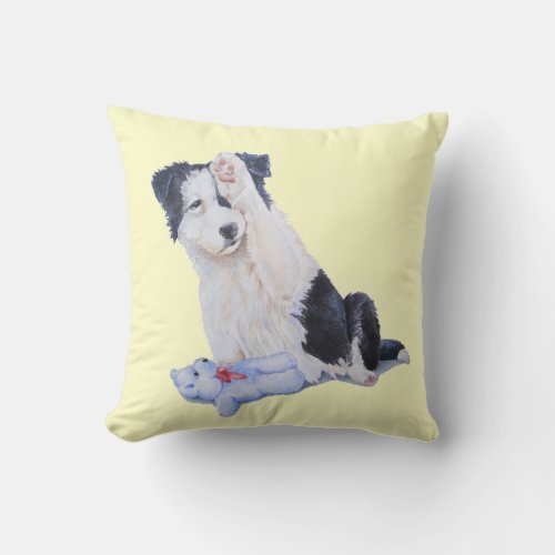 dog portrait painting of cute border collie puppy throw pillow