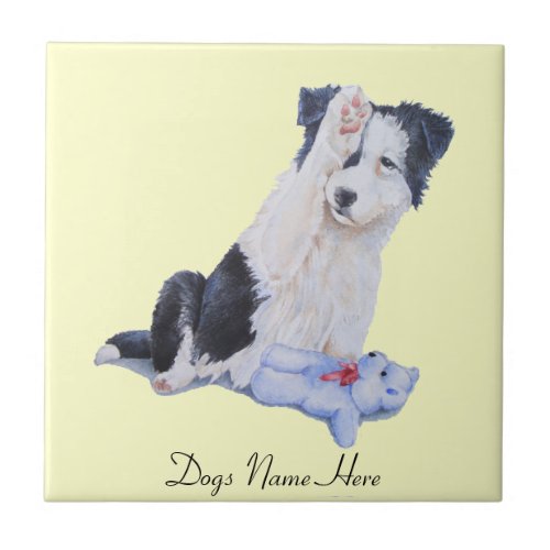 dog portrait painting of cute border collie puppy tile