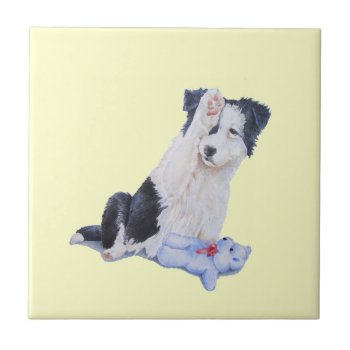 Dog Portrait Painting Of Cute Border Collie Puppy Tile by artoriginals at Zazzle
