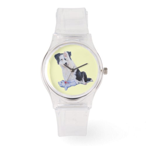 dog portrait painting of cute border collie puppy watch