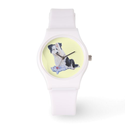 dog portrait painting of cute border collie puppy watch