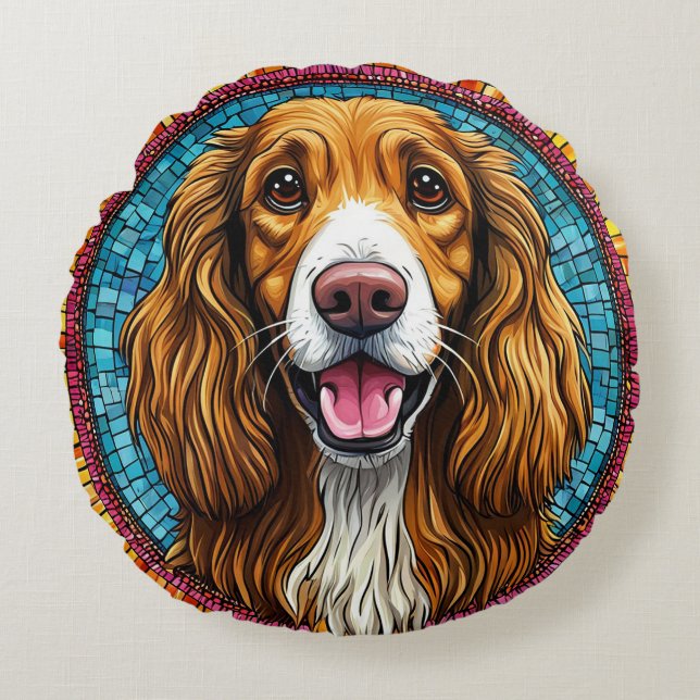 Dog Portrait with Mosaic-Inspired Background Round Pillow (Front)