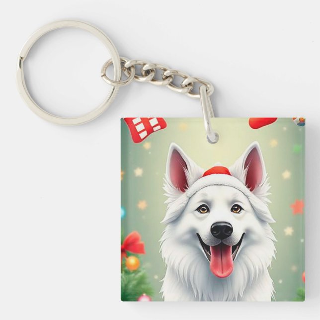 Dog Posing Among Festive Christmas Decorations Keychain (Front)