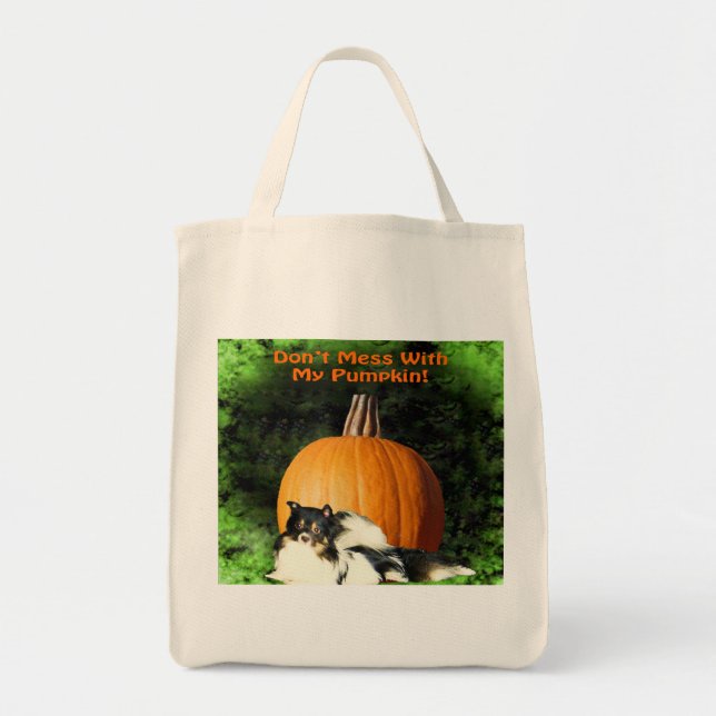Dog Protecting Large Pumpkin Funny Halloween Tote Bag (Front)
