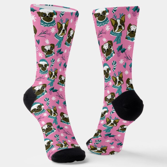 Dog Pug Christmas Pink Socks (Angled)