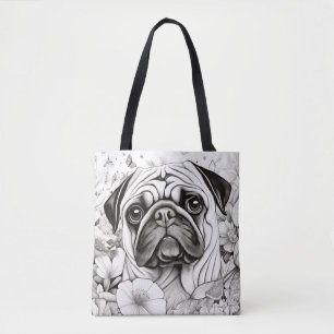 Dog Pug Peaceful Nature Prairie Sketch Drawing Pet Tote Bag