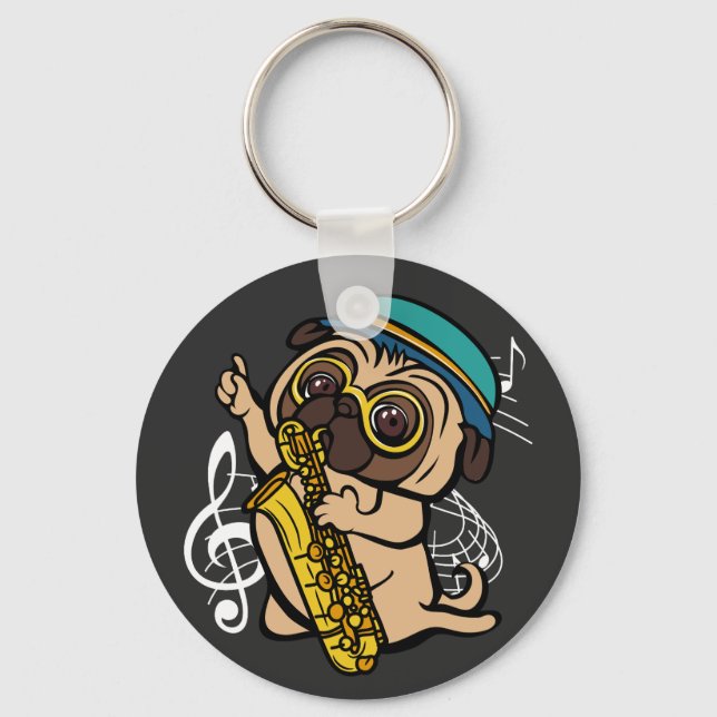 Dog Pug Playing Saxophone Musician Button Keychain (Front)