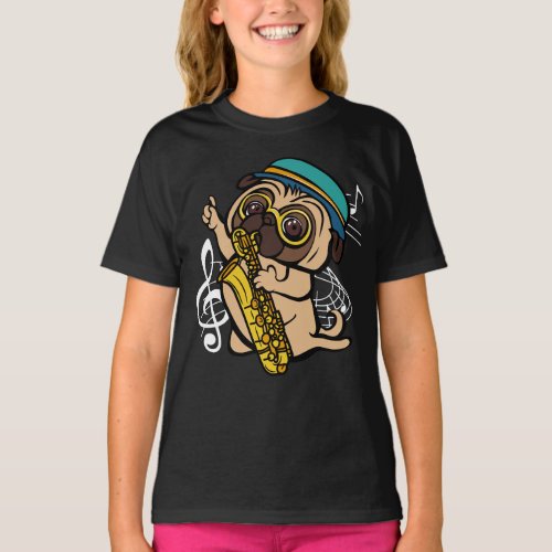 Dog Pug Playing Saxophone Musician Girl T_Shirt