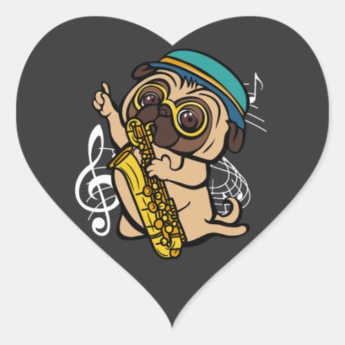 Dog Pug Playing Saxophone Musician Heart Sticker