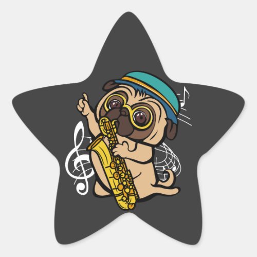 Dog Pug Playing Saxophone Musician Star Sticker