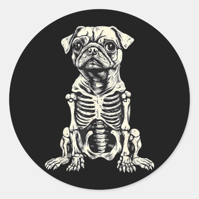 Dog Pug Skeleton Halloween Classic Round Sticker (Front)