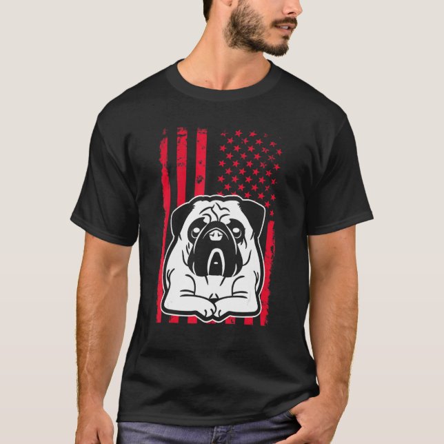 Dog Pug Us American Flag T-Shirt (Front)