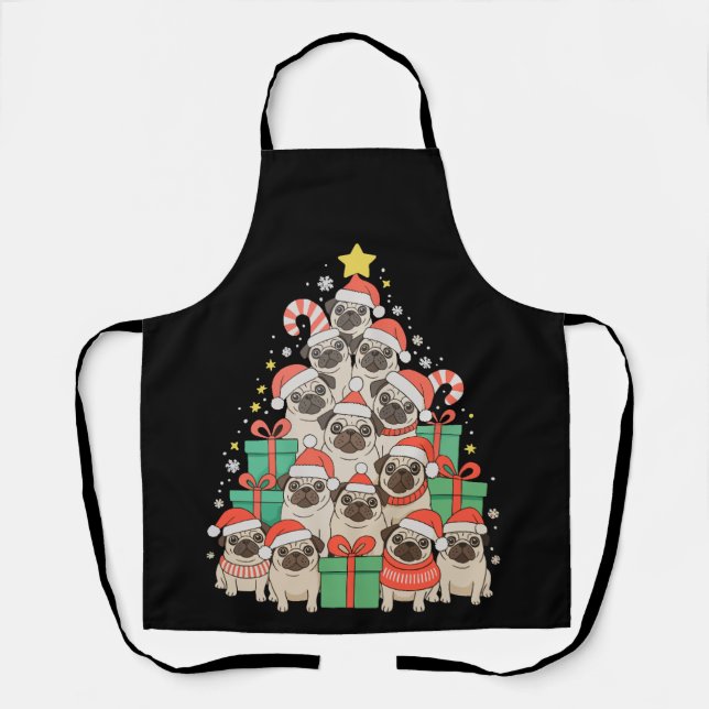 Dog Pugs Christmas Tree Xmas Dad Mom Family Apron (Front)