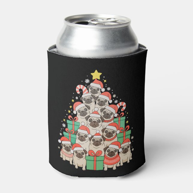 Dog Pugs Christmas Tree Xmas Dad Mom Family Can Cooler (Can Front)