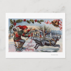 Dog Pulling Kid on Ice Skates Postcard