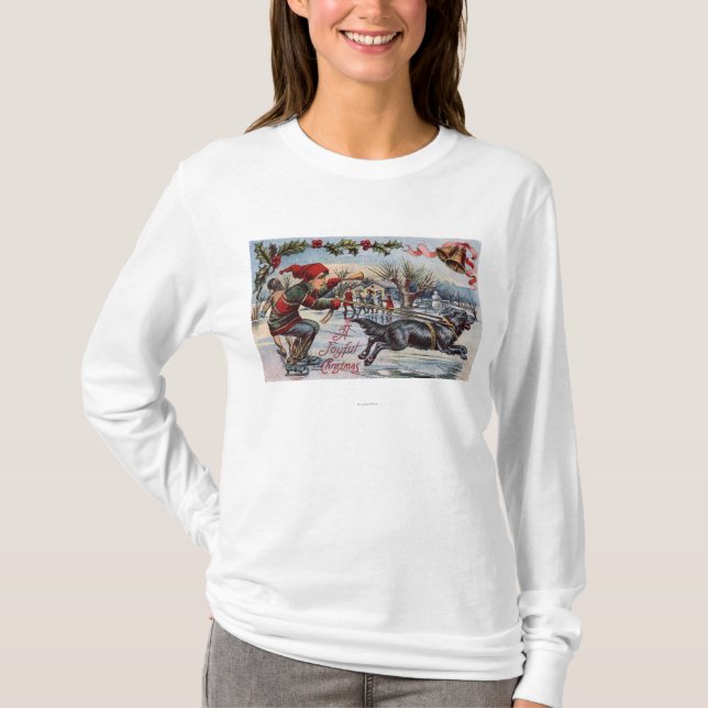Dog Pulling Kid on Ice Skates T-Shirt (Front)
