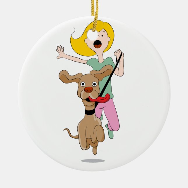 Dog Pulling Woman Cartoon Ceramic Ornament (Front)