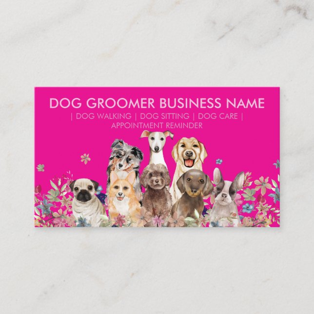 Dog Puppies Flowers | Pink Pet Appointment Business Card (Front)