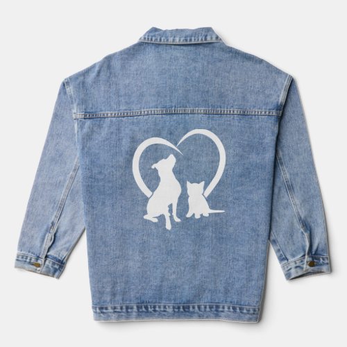 Dog Puppy and Baby Cat Heart Cute Dog and Funny Ca Denim Jacket