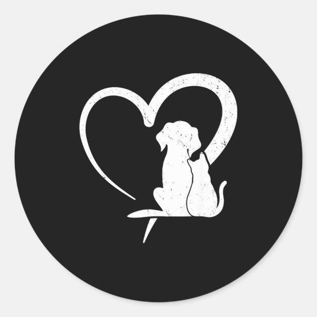 Dog Puppy And Baby Cat Heart For Pets Animal Lover Classic Round Sticker (Front)