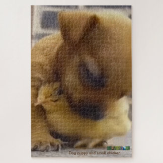Dog puppy and small chicken puzzle. jigsaw puzzle