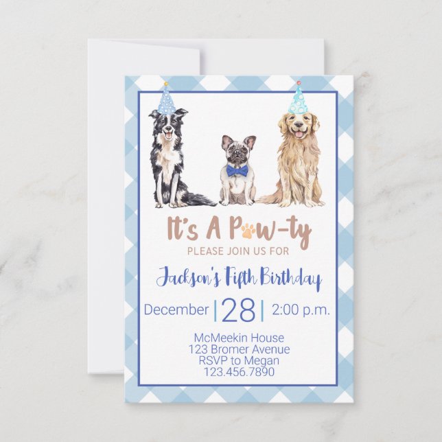 Dog Puppy Birthday Party Invitation Blue Gingham (Front)