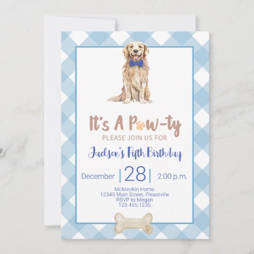Dog Puppy Birthday Party Invitation Blue Gingham