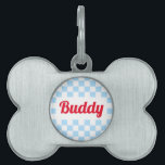 Dog Puppy Cat Name Blue White Retro Checkered Pet ID Tag<br><div class="desc">Create your own custom, personalized, bold christmas red rustic vintage western script / typography custom name at front and back, and retro cool chic stylish geometric trendy light blue checkered chequered checks checkers pattern background, UV resistant and waterproof, burnished silver bone-shaped pet dog cat doggy puppy kitten kitty ID name...</div>