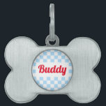 Dog Puppy Cat Name Blue White Retro Checkered Pet ID Tag<br><div class="desc">Create your own custom, personalized, bold christmas red rustic vintage western script / typography custom name at front and back, and retro cool chic stylish geometric trendy light blue checkered chequered checks checkers pattern background, UV resistant and waterproof, burnished silver bone-shaped pet dog cat doggy puppy kitten kitty ID name...</div>