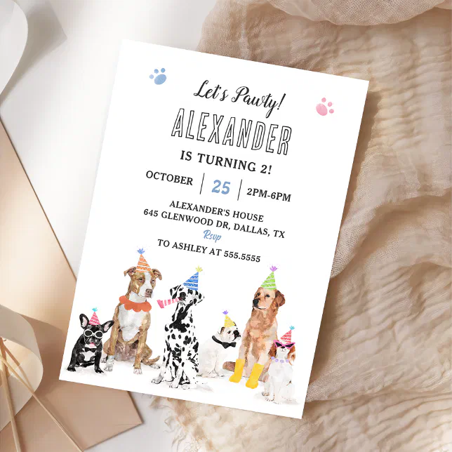 Dog Puppy Let's Pawty Birthday Party Invitation | Zazzle