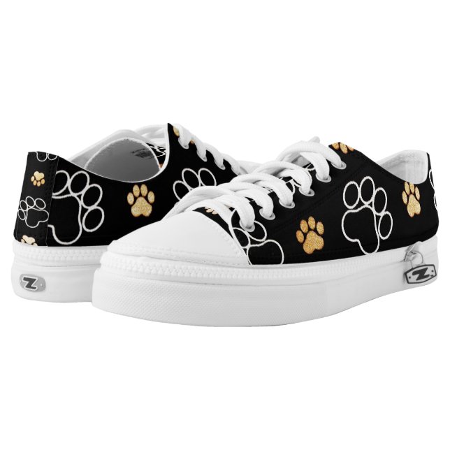 Dog Puppy Paw Prints Gifts Black and Gold Low-Top Sneakers (Pair)