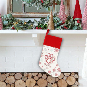 Dog Puppy Paw with Snowflakes Christmas Cute Red  Christmas Stocking