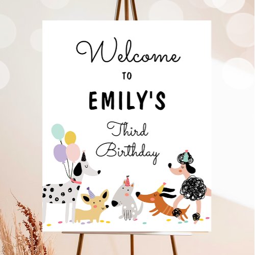 Dog Puppy Pawty Modern Girl Birthday Welcome Poster