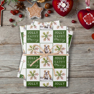 Dog Puppy Pet Photo Snowflake Green Christmas Wrapping Paper Sheets