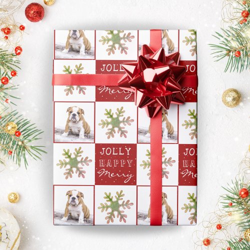 Dog Puppy Pet Photo Snowflake Red Christmas Wrapping Paper