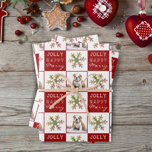 Dog Puppy Pet Photo Snowflake Red Christmas Wrapping Paper Sheets