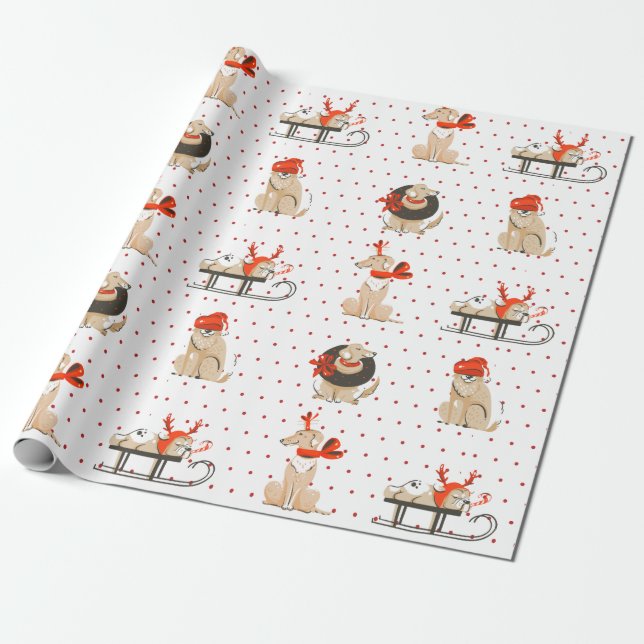 Dog Puppy Red Dot Pattern Christmas Wrapping Paper (Unrolled)