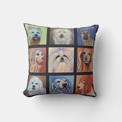 Dog Quilt A grouping of dog paintings Throw Pillow