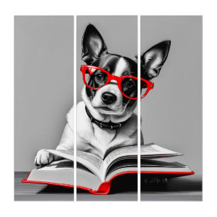 Dog Reading Book 3 Set Canvas Triphych Art