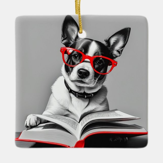Dog Reading Book Ceramic Ornament (Front)