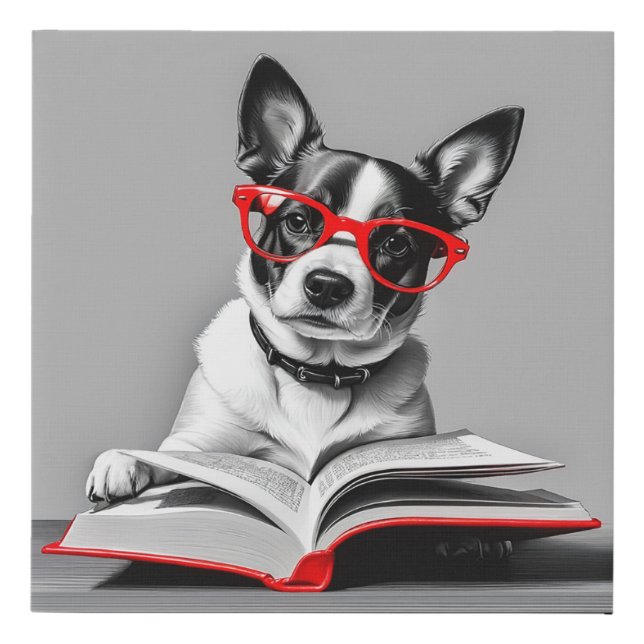 Dog Reading Book Faux Canvas Print (Front)