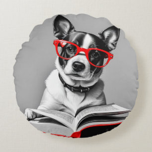 Dog Reading Book Round Pillow