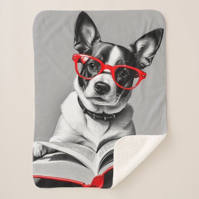 Dog Reading Book Sherpa Blanket (Front)