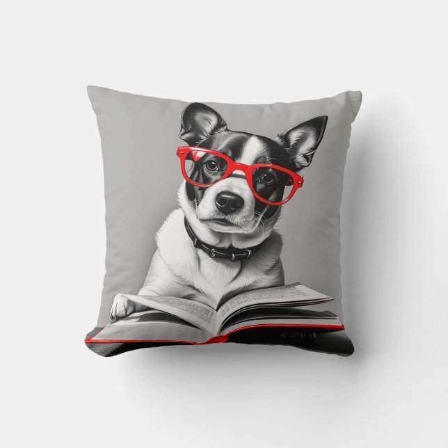 Dog Reading Book Throw Pillow (Front)