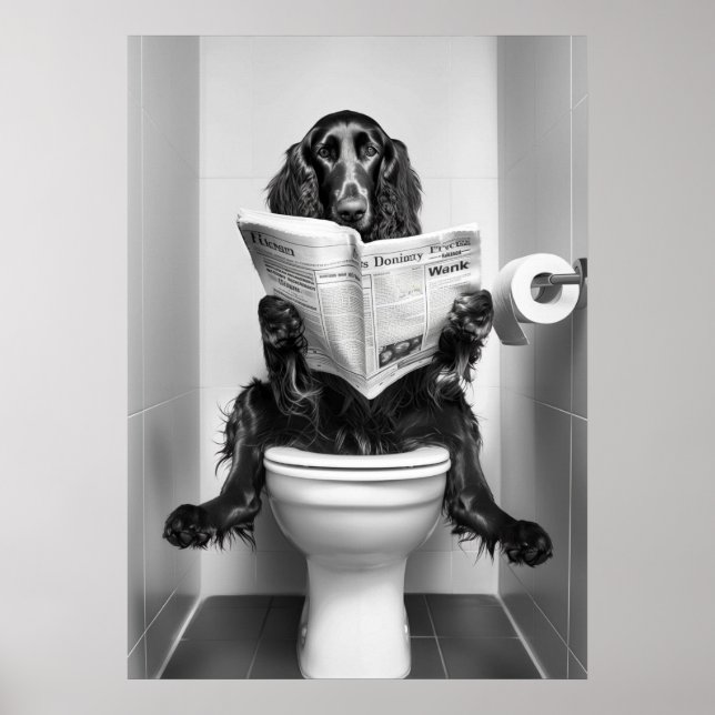 Dog Reading Newspaper on Toilet Poster (Front)
