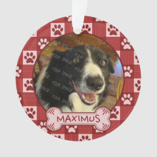 Dog Red Paw Print Gingham Bone Custom Photo Name Ornament
