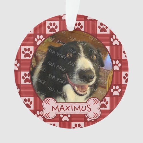 Dog Red Paw Print Gingham Bone  Custom Photo Name Ornament