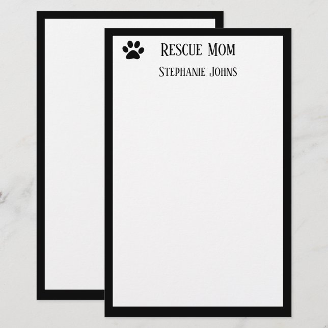 Dog Rescue Mom Dad Parent Black White Custom Name Stationery (Front/Back)