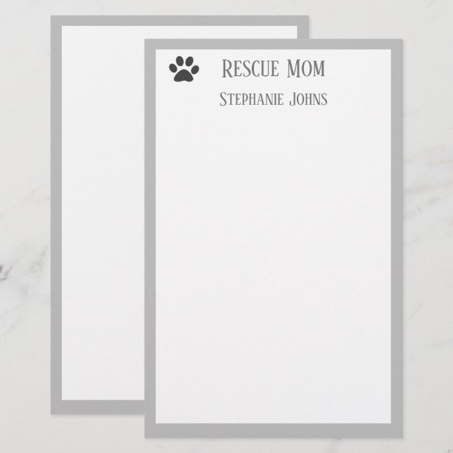 Dog Rescue Mom Dad Parent Pet Grey Custom Name Stationery (Front/Back)